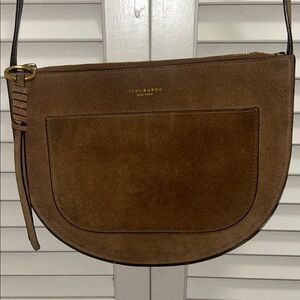 Tory Burch Brown Piper Suede Saddle Crossbody Bag